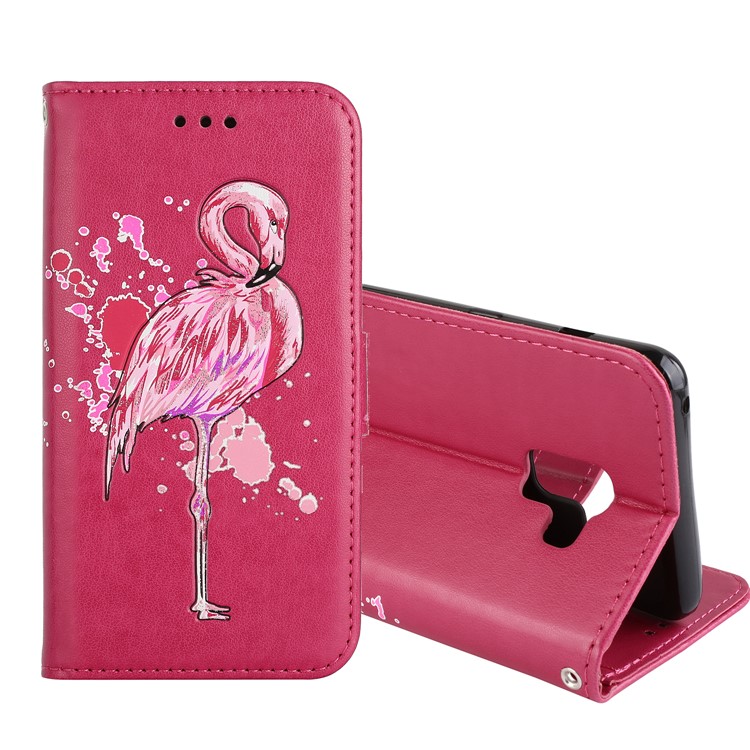 Glittery Powder Decor Flamingo Pattern Leather Magnetic Cover Shell with Stand for Samsung Galaxy A8 (2018) - Rose-1