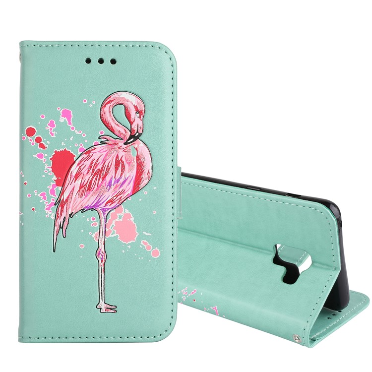 Glittery Powder Flamingo Pattern Leather Flip Cover Accessory with Card Holders for Samsung Galaxy A8 (2018) - Cyan-1
