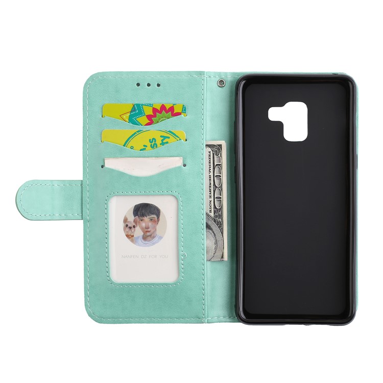 Glittery Powder Flamingo Pattern Leather Flip Cover Accessory with Card Holders for Samsung Galaxy A8 (2018) - Cyan-13