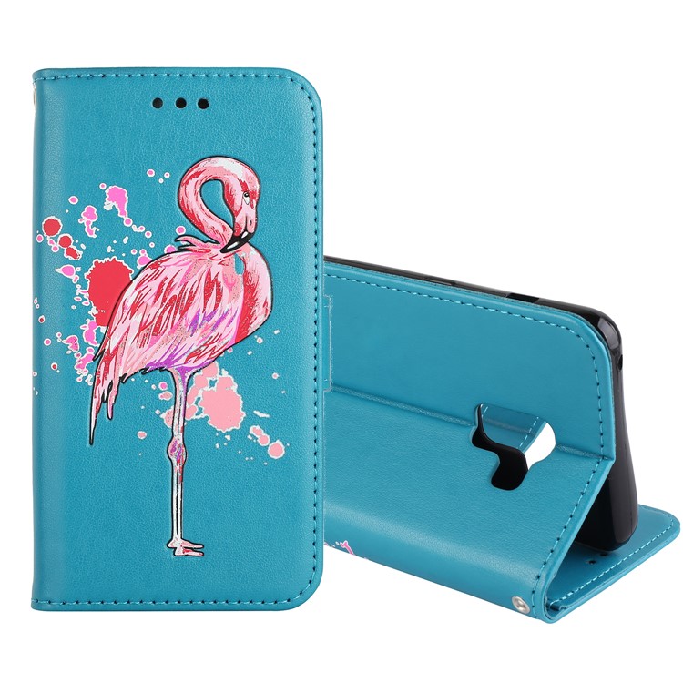 Glittery Powder Flamingo Pattern Leather Protective Folio Casing for Samsung Galaxy A8 (2018) - Blue-1