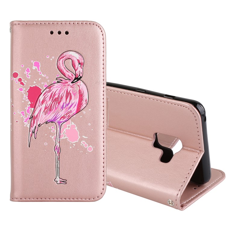 

For Samsung Galaxy A8+ (2018) Flash Powder Flamingo Wallet Stand Leather Cover Accessory - Rose Gold