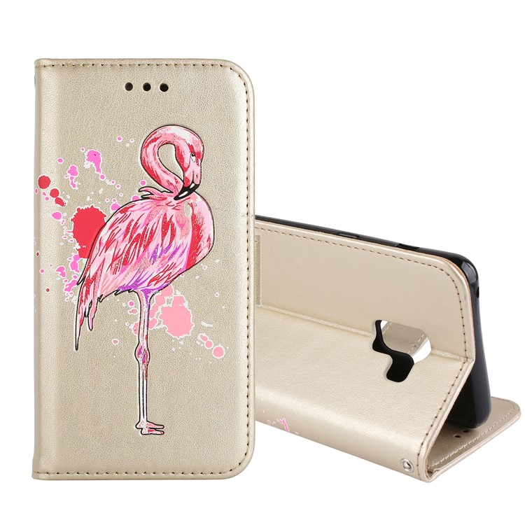 

For Samsung Galaxy A8+ (2018) Flash Powder Flamingo Wallet Stand Leather Folio Cover Shell - Gold