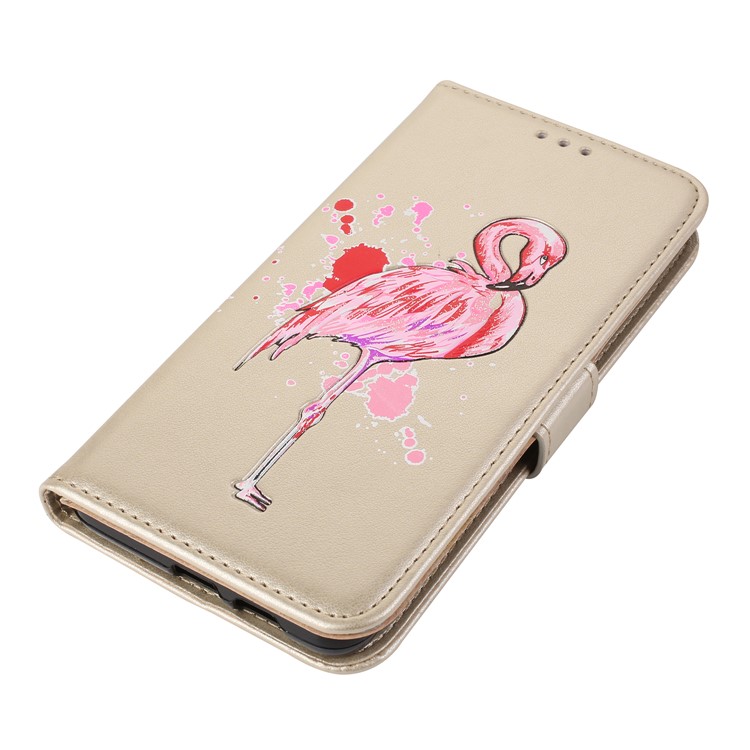For Samsung Galaxy A8+ (2018) Flash Powder Flamingo Wallet Stand Leather Folio Cover Shell - Gold-4