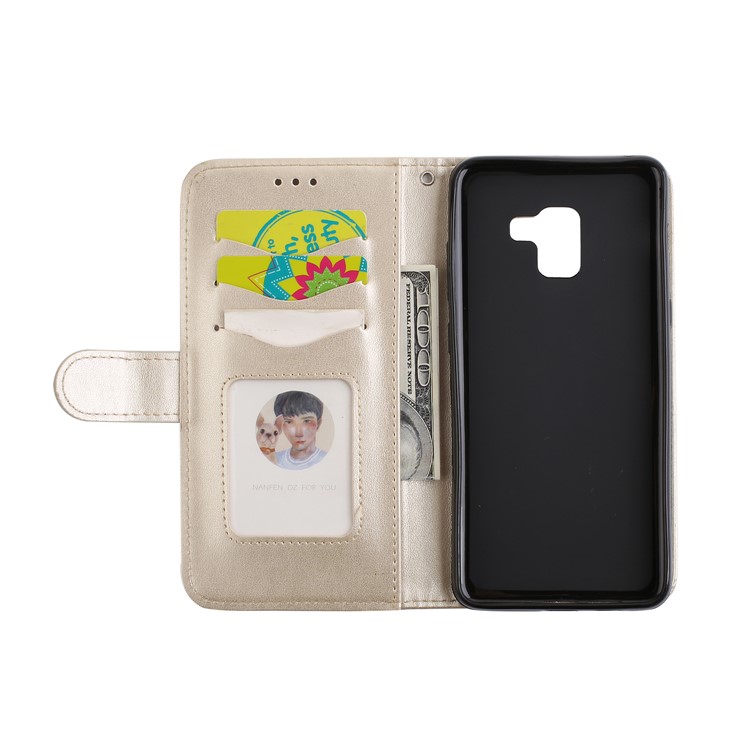 For Samsung Galaxy A8+ (2018) Flash Powder Flamingo Wallet Stand Leather Folio Cover Shell - Gold-7