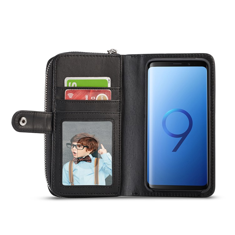 For Samsung Galaxy S9 SM-G960 Woven Texture Detachable 2-in-1 Zipper Wallet Leather Phone Casing - Black-4