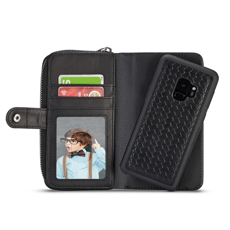 For Samsung Galaxy S9 SM-G960 Woven Texture Detachable 2-in-1 Zipper Wallet Leather Phone Casing - Black-5