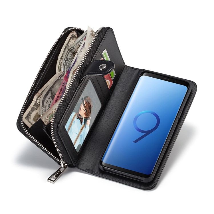 For Samsung Galaxy S9 SM-G960 Woven Texture Detachable 2-in-1 Zipper Wallet Leather Phone Casing - Black-6