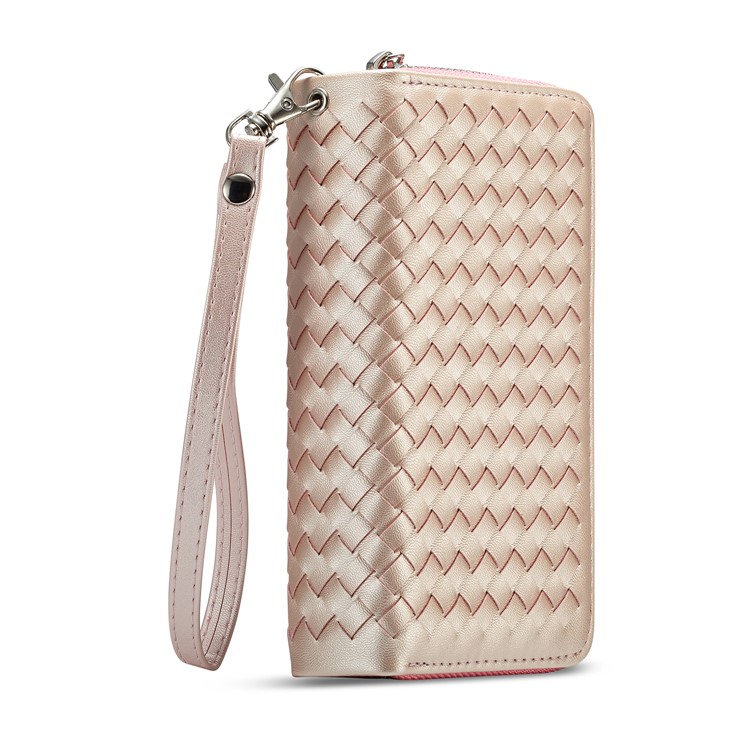 For Samsung Galaxy S9 SM-G960 Woven Texture Detachable 2-in-1 Zipper Wallet Leather Phone Cover - Pink-1