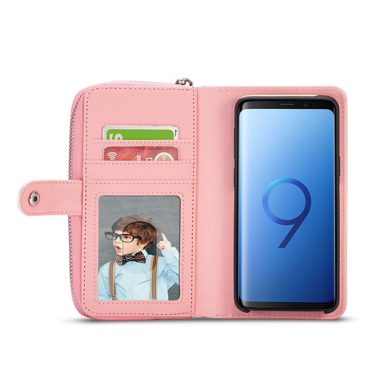 For Samsung Galaxy S9 SM-G960 Woven Texture Detachable 2-in-1 Zipper Wallet Leather Phone Cover - Pink-3