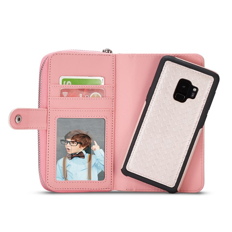 For Samsung Galaxy S9 SM-G960 Woven Texture Detachable 2-in-1 Zipper Wallet Leather Phone Cover - Pink-4