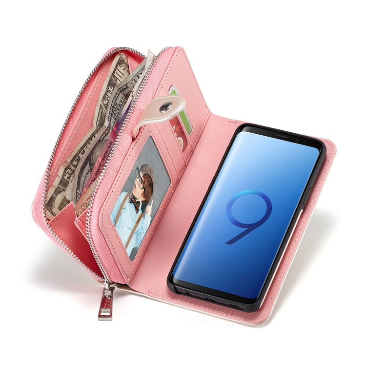 For Samsung Galaxy S9 SM-G960 Woven Texture Detachable 2-in-1 Zipper Wallet Leather Phone Cover - Pink-5