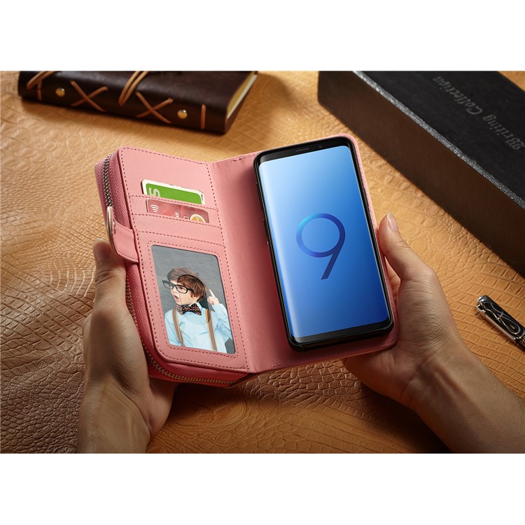 For Samsung Galaxy S9 SM-G960 Woven Texture Detachable 2-in-1 Zipper Wallet Leather Phone Cover - Pink-6