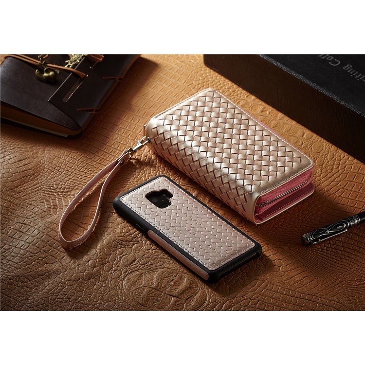 For Samsung Galaxy S9 SM-G960 Woven Texture Detachable 2-in-1 Zipper Wallet Leather Phone Cover - Pink-7