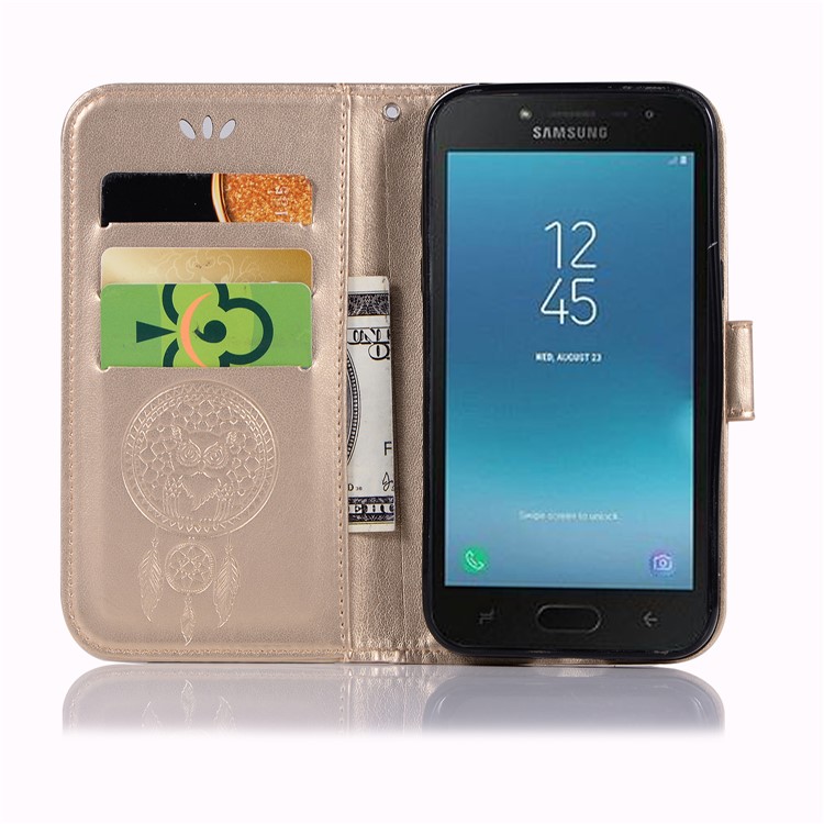 Imprint Owl Dream Catcher Wallet Stand Leather Casing for Samsung Galaxy J2 Pro 2018 - Gold-4
