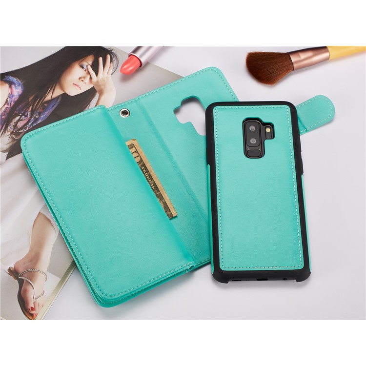 Stripes Pattern Detachable 2-in-1 9 Card Slots Leather Wallet Cover for Samsung Galaxy S9+ SM-G965 - Cyan-7