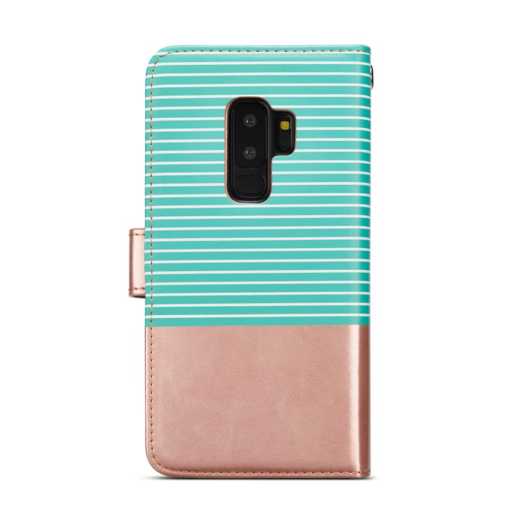Stripes Pattern Detachable 2-in-1 9 Card Slots Leather Phone Shell for Samsung Galaxy S9 Plus SM-G965 - Cyan + Rose Gold-2