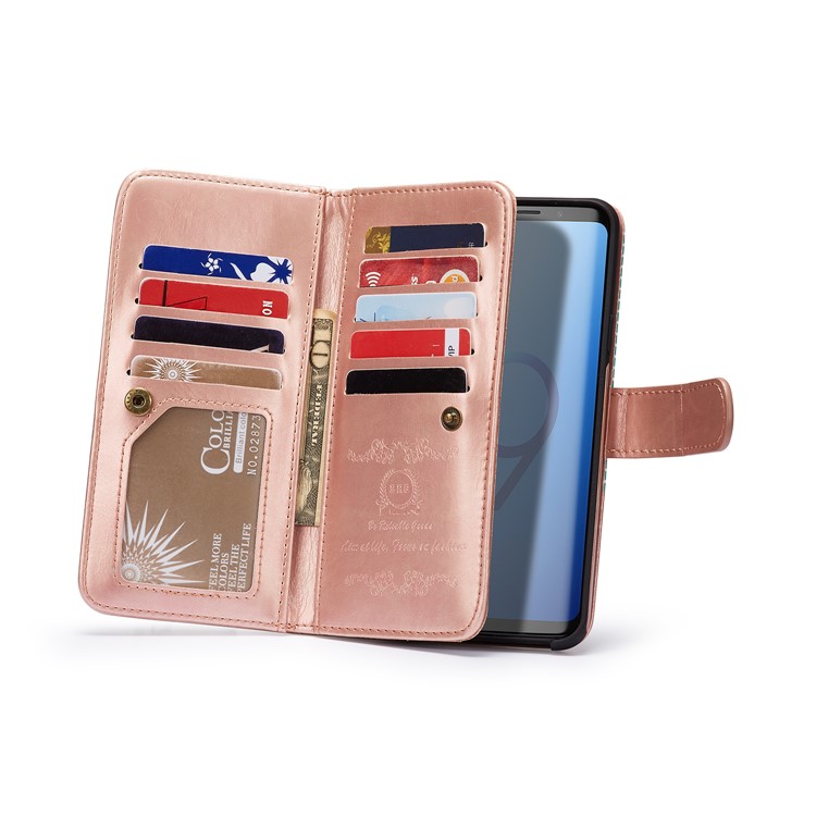 Stripes Pattern Detachable 2-in-1 9 Card Slots Leather Phone Shell for Samsung Galaxy S9 Plus SM-G965 - Cyan + Rose Gold-3