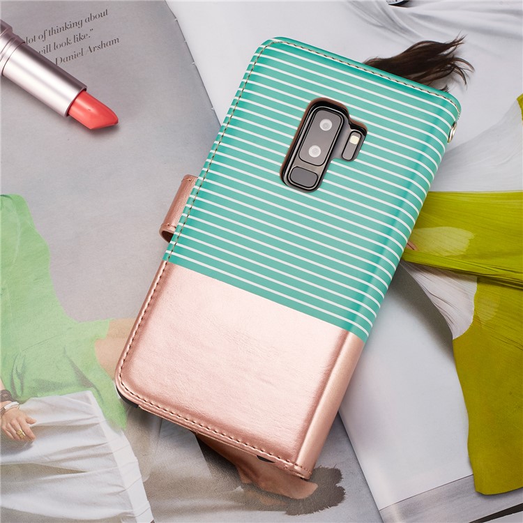Stripes Pattern Detachable 2-in-1 9 Card Slots Leather Phone Shell for Samsung Galaxy S9 Plus SM-G965 - Cyan + Rose Gold-5