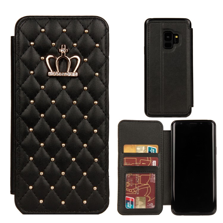 Stitching Rhombus Crown Leather Stand Case with Card Slots for Samsung Galaxy S9 G960 - Black-1