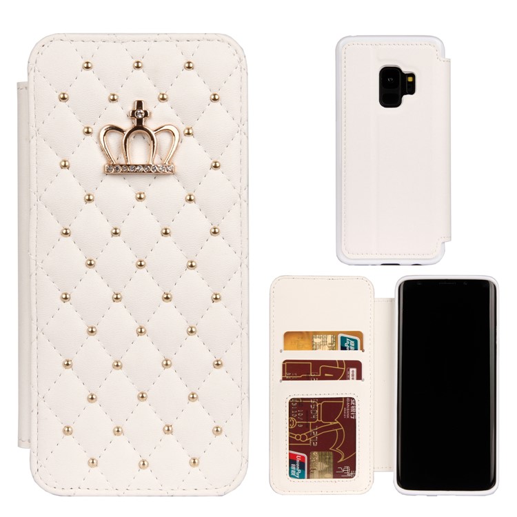 Costura de la Cubierta de Cuero de la Corona de Rombos Con Ranuras Para Tarjetas Para Samsung Galaxy S9 G960 - Blanco