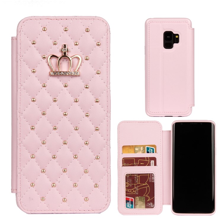 Stitching Rhombus Crown Leather Stand Folio Mobile Casing with Card Slots for Samsung Galaxy S9 G960 - Pink-1