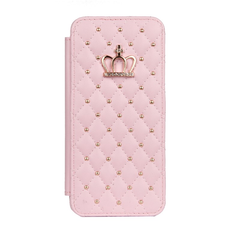 Stitching Rhombus Crown Leather Stand Folio Mobile Casing with Card Slots for Samsung Galaxy S9 G960 - Pink-2