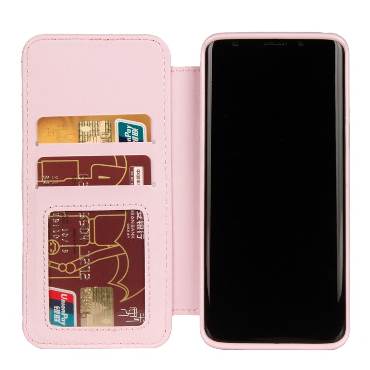 Stitching Rhombus Crown Leather Stand Folio Mobile Casing with Card Slots for Samsung Galaxy S9 G960 - Pink-4