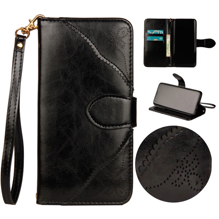Laser Carving Pattern Retro PU Leather Wallet Case with Strap for Samsung Galaxy S9+ G965 - Black-1