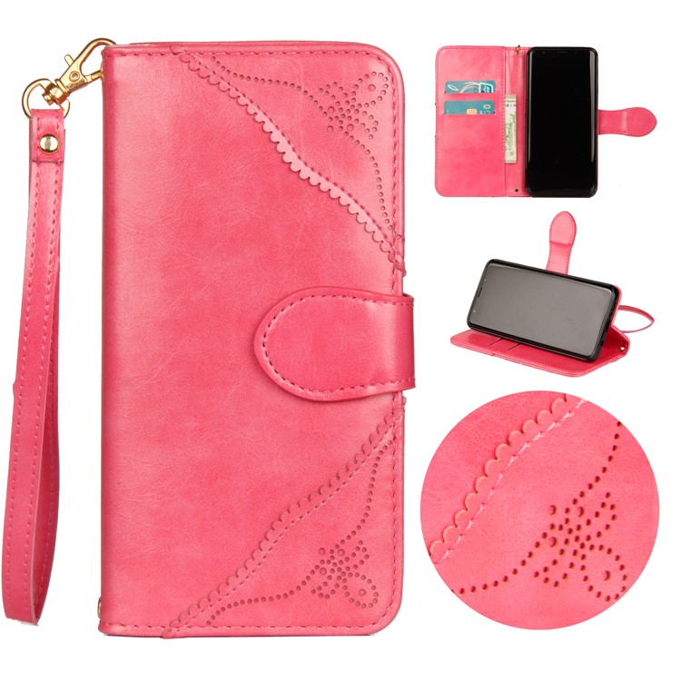 Laser Carving Pattern Retro PU Leather Wallet Cover for Samsung Galaxy S9+ G965 - Rose-1
