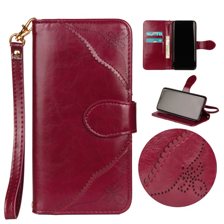 Laser Carving Pattern Retro Leather Mobile Case for Samsung Galaxy S9+ G965 - Red-1