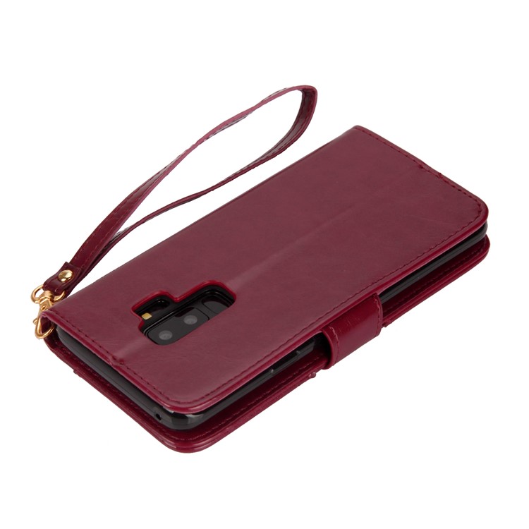 Laser Carving Pattern Retro Leather Mobile Case for Samsung Galaxy S9+ G965 - Red-6