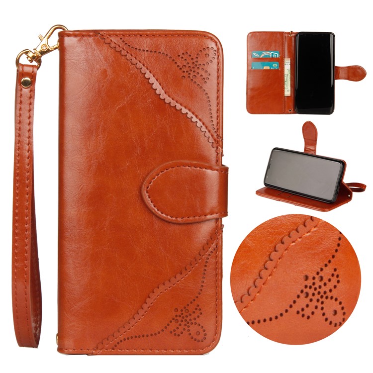 Laser Carving Pattern Retro PU Leather Wallet Phone Cover for Samsung Galaxy S9+ G965 - Brown-1