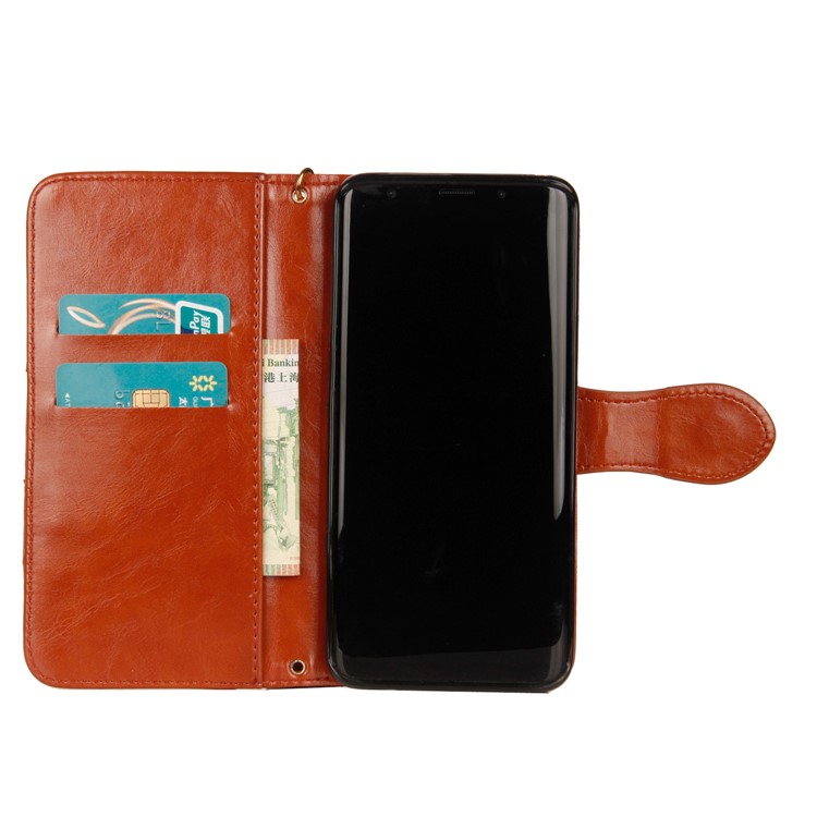 Laser Carving Pattern Retro PU Leather Wallet Phone Cover for Samsung Galaxy S9+ G965 - Brown-4