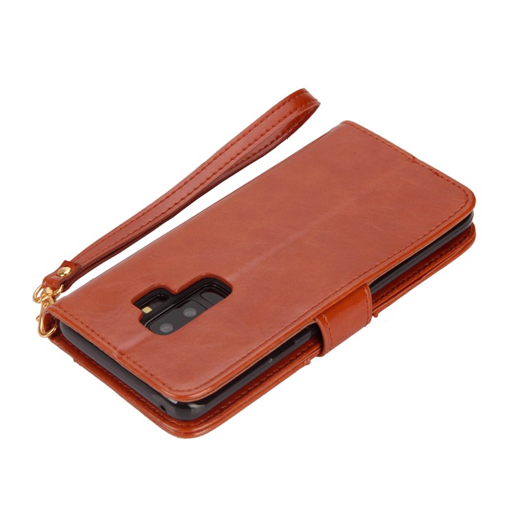 Laser Carving Pattern Retro PU Leather Wallet Phone Cover for Samsung Galaxy S9+ G965 - Brown-6