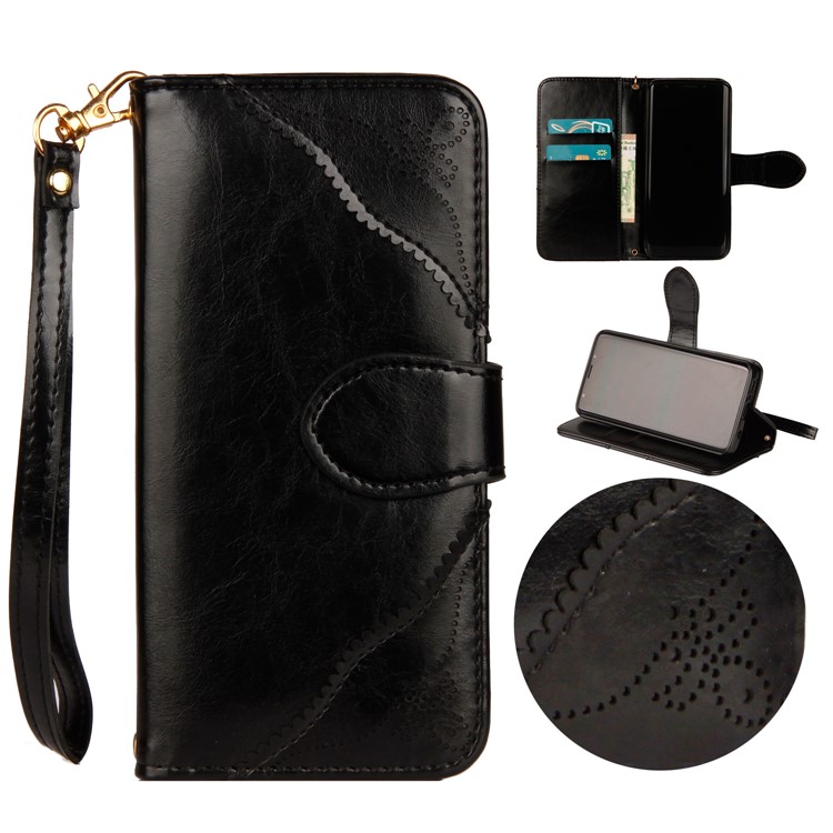 Laser Carving Retro PU Leather Wallet Stand Case for Samsung Galaxy S9 SM-G960 - Black-1