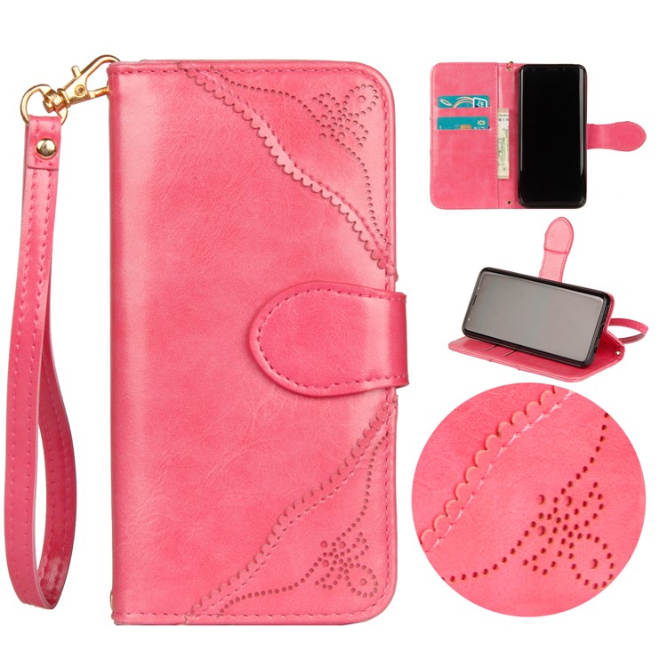 Laser Carving Retro PU Leather Wallet Stand Cover for Samsung Galaxy S9 SM-G960 - Rose-1