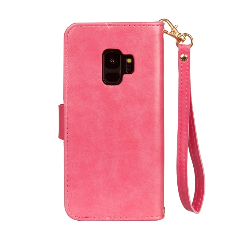 Laser Carving Retro PU Leather Wallet Stand Cover for Samsung Galaxy S9 SM-G960 - Rose-3