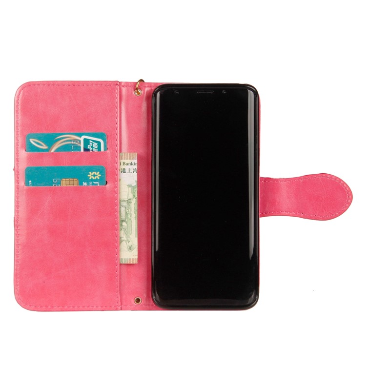 Laser Carving Retro PU Leather Wallet Stand Cover for Samsung Galaxy S9 SM-G960 - Rose-4