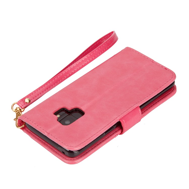 Laser Carving Retro PU Leather Wallet Stand Cover for Samsung Galaxy S9 SM-G960 - Rose-6