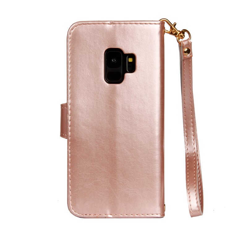 Laser Carving Retro PU Leather Wallet Stand Shell for Samsung Galaxy S9 SM-G960 - Gold-3