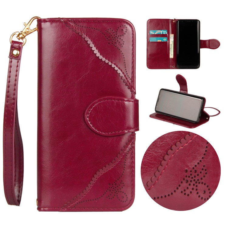Laser Carving Retro PU Leather Wallet Stand Casing for Samsung Galaxy S9 SM-G960 - Red-1