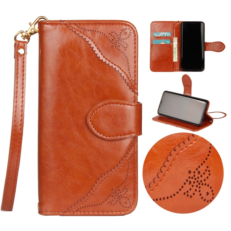Laser Carving Retro PU Leather Wallet Stand Mobile Phone Case for Samsung Galaxy S9 SM-G960 - Brown-1
