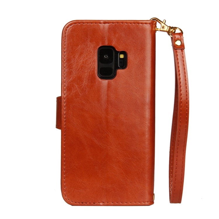 Laser Carving Retro PU Leather Wallet Stand Mobile Phone Case for Samsung Galaxy S9 SM-G960 - Brown-3