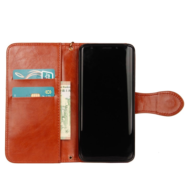 Laser Carving Retro PU Leather Wallet Stand Mobile Phone Case for Samsung Galaxy S9 SM-G960 - Brown-4