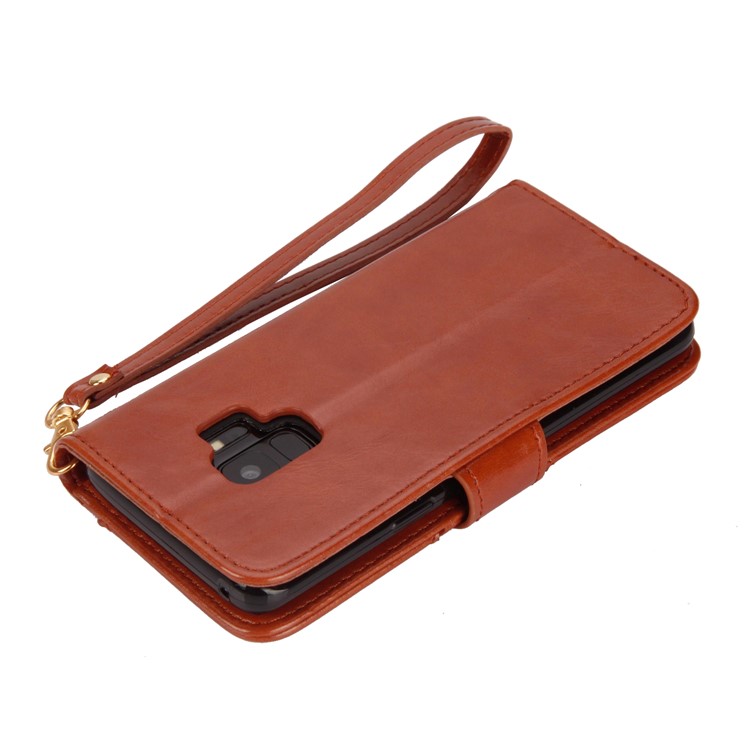 Laser Carving Retro PU Leather Wallet Stand Mobile Phone Case for Samsung Galaxy S9 SM-G960 - Brown-6