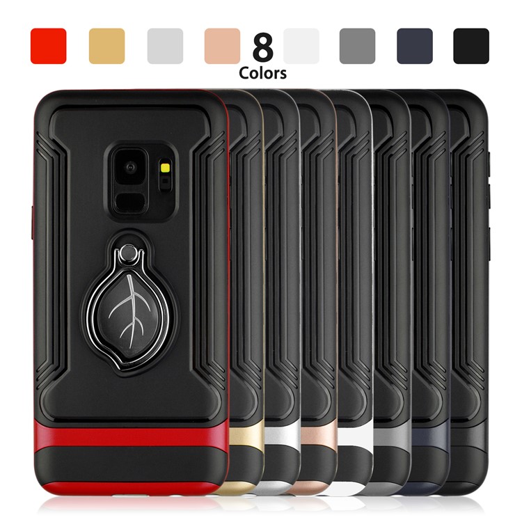 ANGIBABE Maple Leaf Magnetic Ring Holder Kickstand TPU + PC Hybrid Cover for Samsung Galaxy S9 SM-G960 - White-9