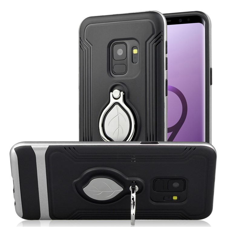 ANGIBABE Maple Leaf Magnetic Ring Holder Kickstand TPU + PC Hybrid Shell for Samsung Galaxy S9 SM-G960 - Silver-1