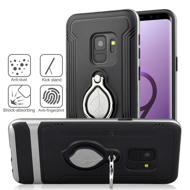 ANGIBABE Maple Leaf Magnetic Ring Holder Kickstand TPU + PC Hybrid Shell for Samsung Galaxy S9 SM-G960 - Silver-4