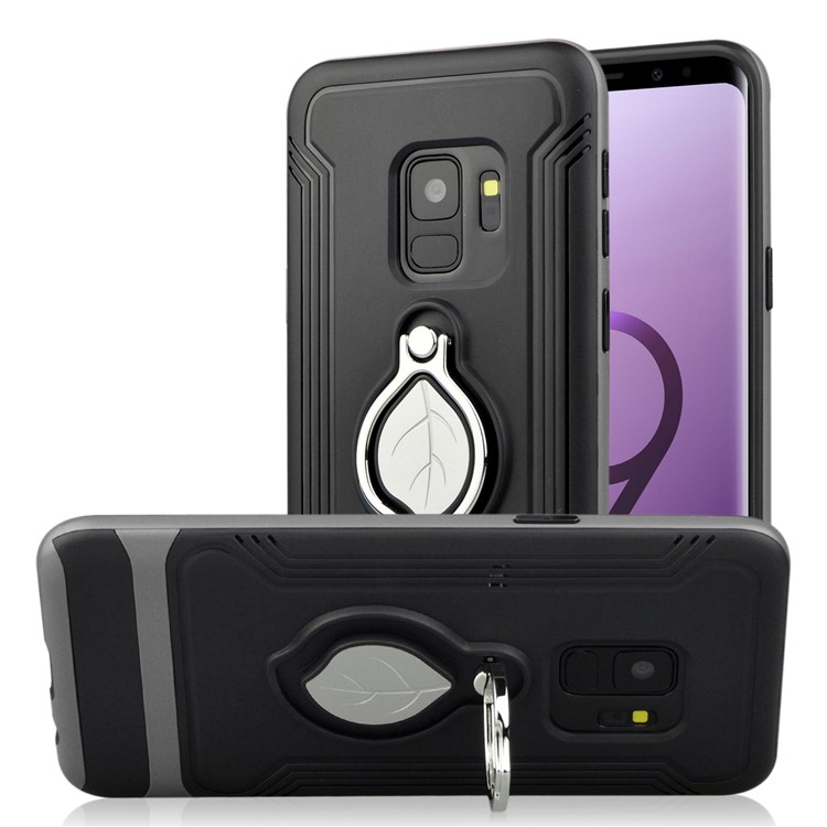 ANGIBABE Maple Leaf Magnetic Ring Holder Kickstand TPU + PC Hybrid Back Case for Samsung Galaxy S9 SM-G960 - Grey-1
