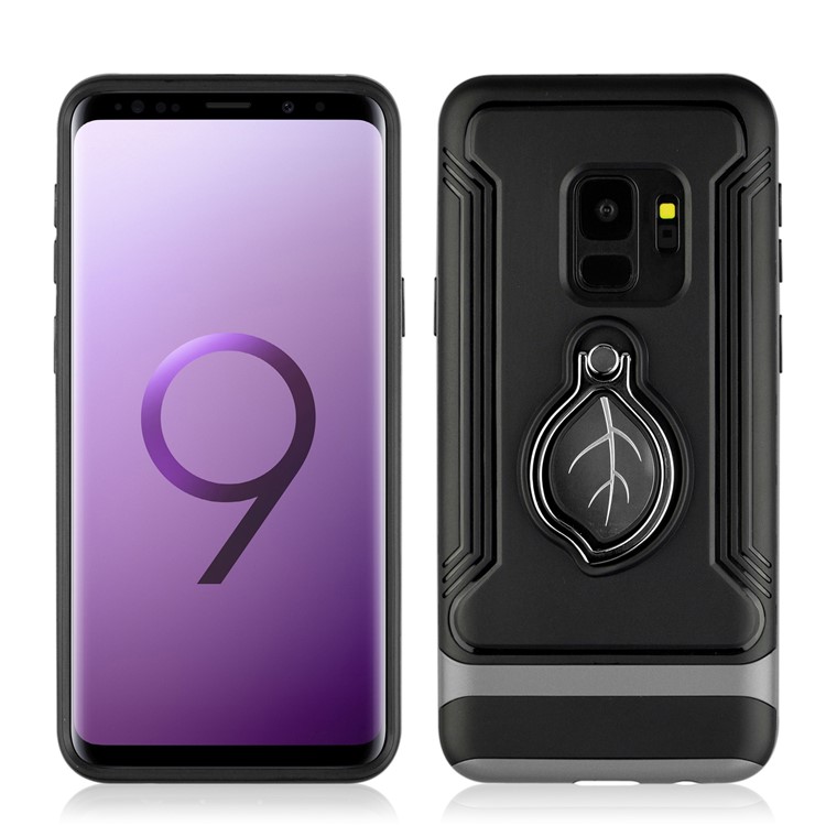 ANGIBABE Maple Leaf Magnetic Ring Holder Kickstand TPU + PC Hybrid Back Case for Samsung Galaxy S9 SM-G960 - Grey-3